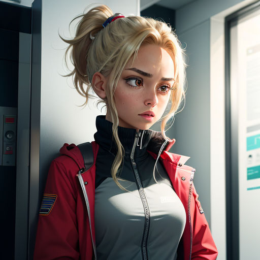 a woman with blonde hair and a red jacket is standing in a hallway with a door open and looking at the camera