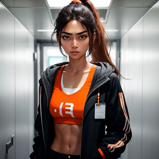 a woman in an orange top and black pants standing in a hallway with a metal door behind her and a name tag on her chest