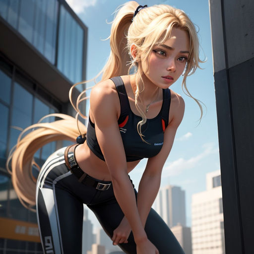 a woman in a sports bra top and leggings leaning against a pole with a city in the background