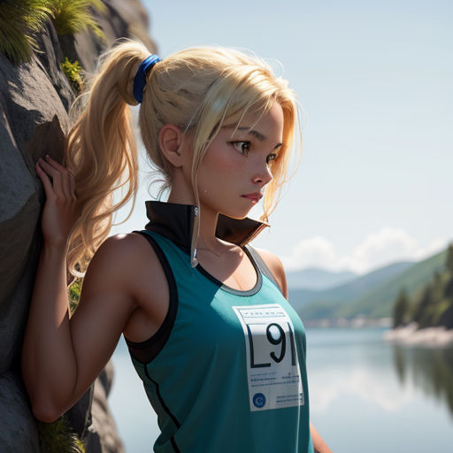 a woman with blonde hair standing next to a rock near a lake and mountains with a lake in the background