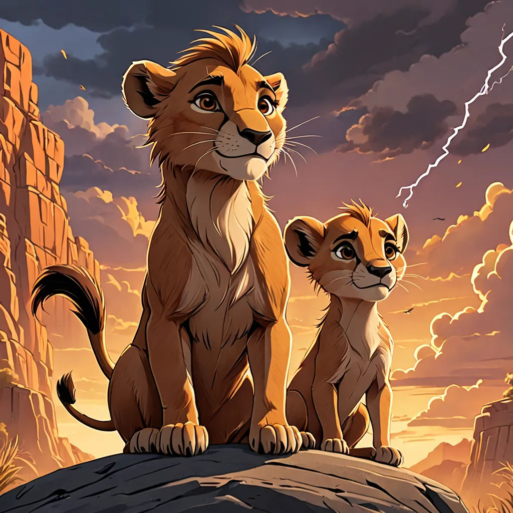 a lion and a cub sitting on a rock in the desert at sunset with a lightning in the background, dau-al-set, a poster, Brothers Hildebrandt, official art
