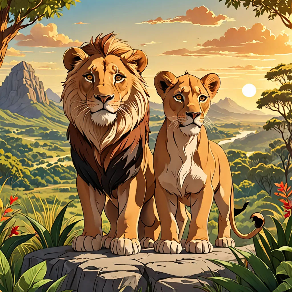 a couple of lions standing on top of a rock in a forest next to a mountain range with a sunset, furry art, a poster, Brothers Hildebrandt, official art