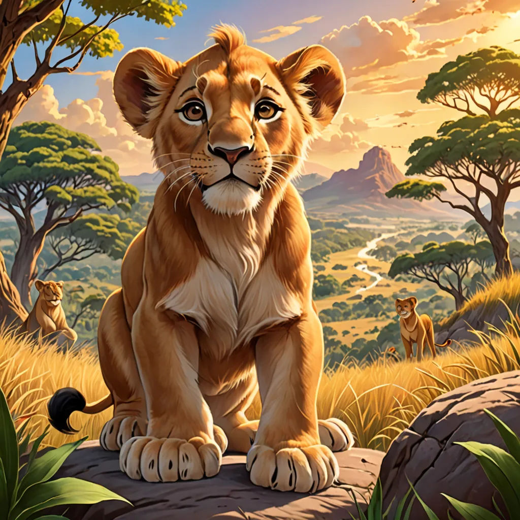 a lion cub sitting on a rock in a jungle setting with other animals in the background and a sunset, furry art, an airbrush painting, Chris LaBrooy, official art