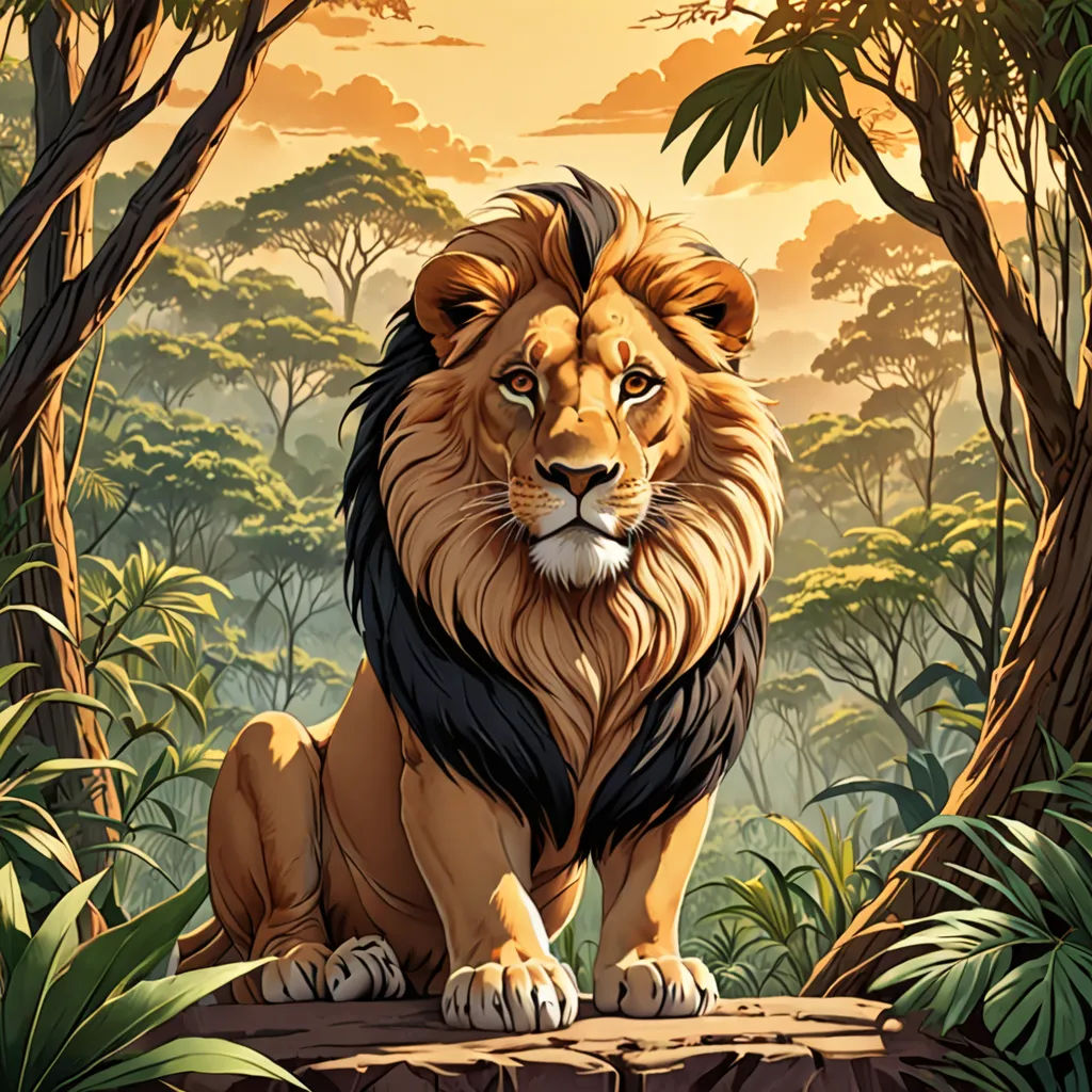 a lion sitting on a rock in a jungle setting with trees and bushes around it, with a sunset in the background, fantasy art, an airbrush painting, Chris LaBrooy, highly detailed digital painting