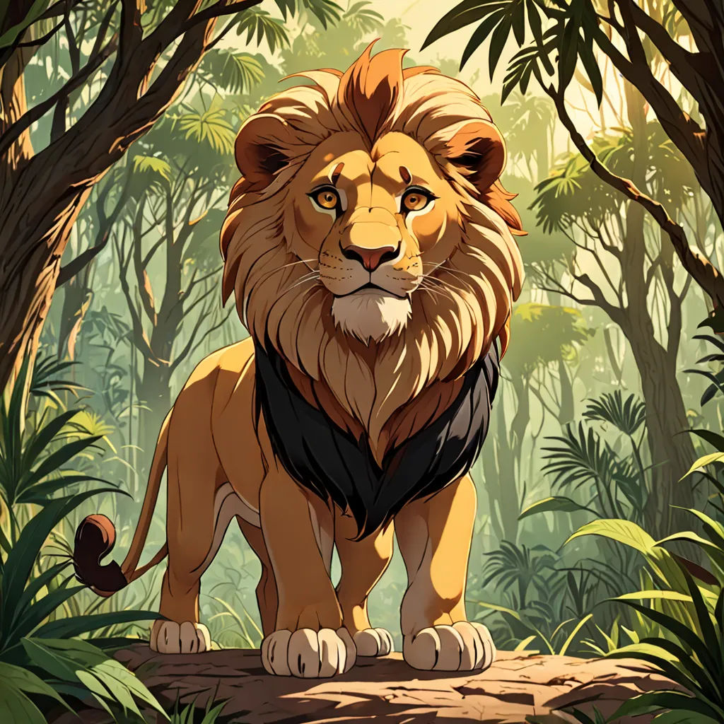 a lion standing in the middle of a jungle with trees and bushes around it's edges and a jungle background, furry art, a poster, Chris LaBrooy, official art