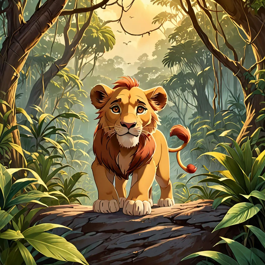 a lion standing on a rock in a jungle with trees and plants around it, with the sun shining through the trees, furry art, poster art, Chris LaBrooy, official art