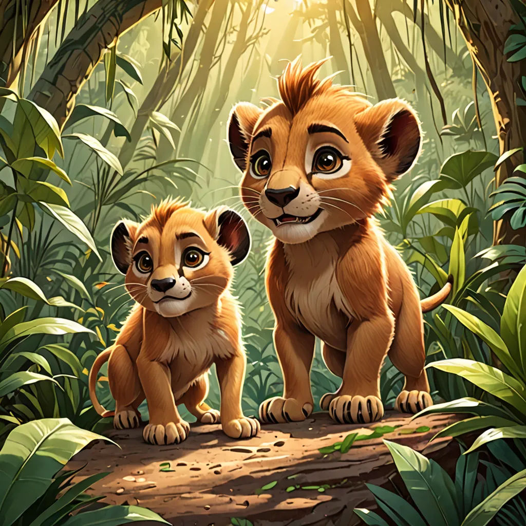 a couple of lions standing on top of a forest filled with trees and plants, with sunlight shining through the trees, sots art, concept art, Chris LaBrooy, official art