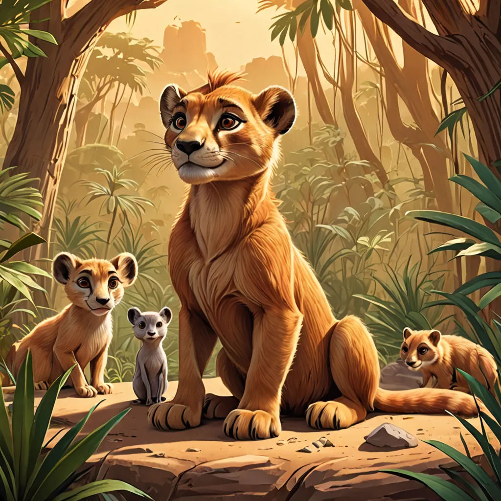 a painting of a lion and two cubs in a jungle setting with trees and plants in the background and a sunset, sots art, a poster, Chris LaBrooy, official art