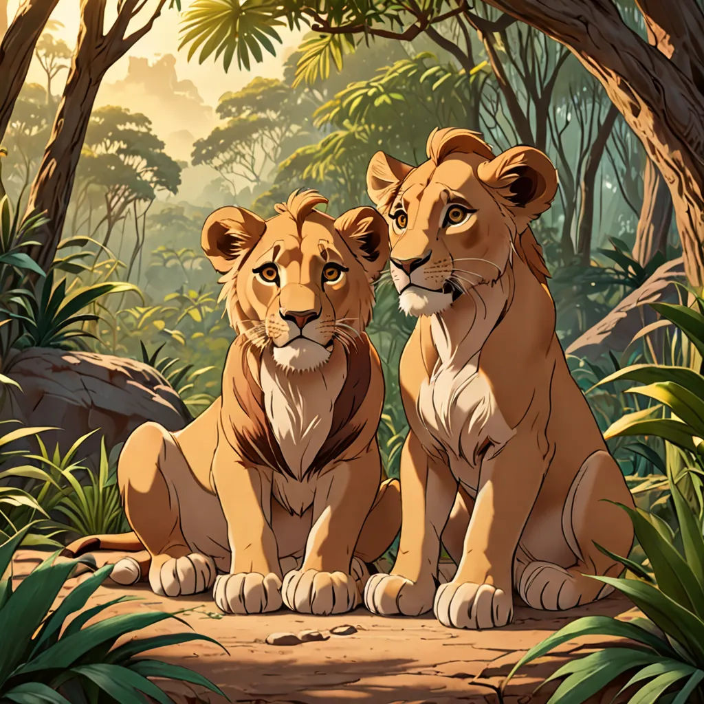 two lions sitting in the middle of a jungle with trees and bushes around them, looking at the camera, furry art, a poster, Brothers Hildebrandt, official art