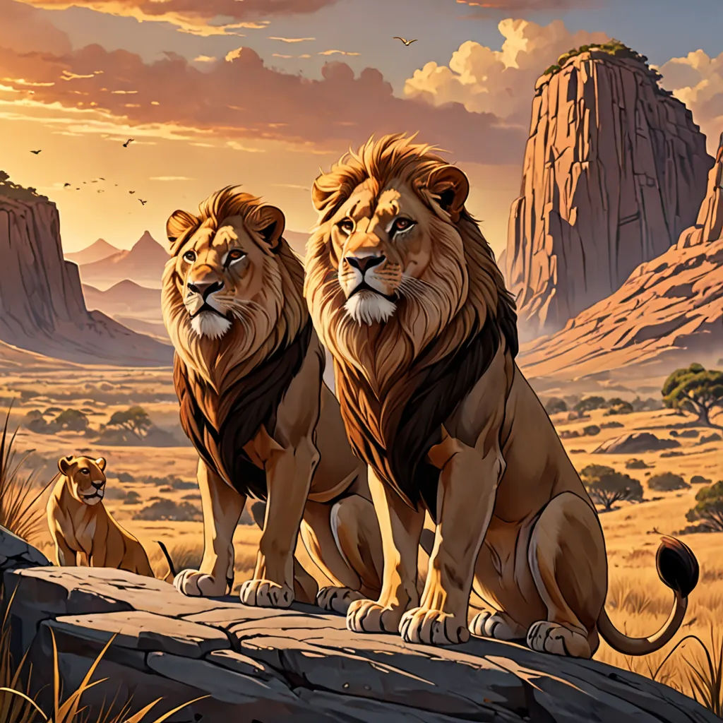 two lions sitting on a rock in the desert at sunset with a mountain in the background and a bird flying overhead, fantasy art, a detailed matte painting, Brothers Hildebrandt, highly detailed digital painting