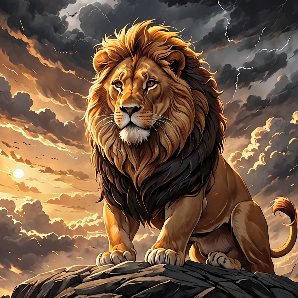 a lion standing on a rock under a cloudy sky with lightning behind it and a sun behind it,, fantasy art, a digital painting, Anne Stokes, trending on art station