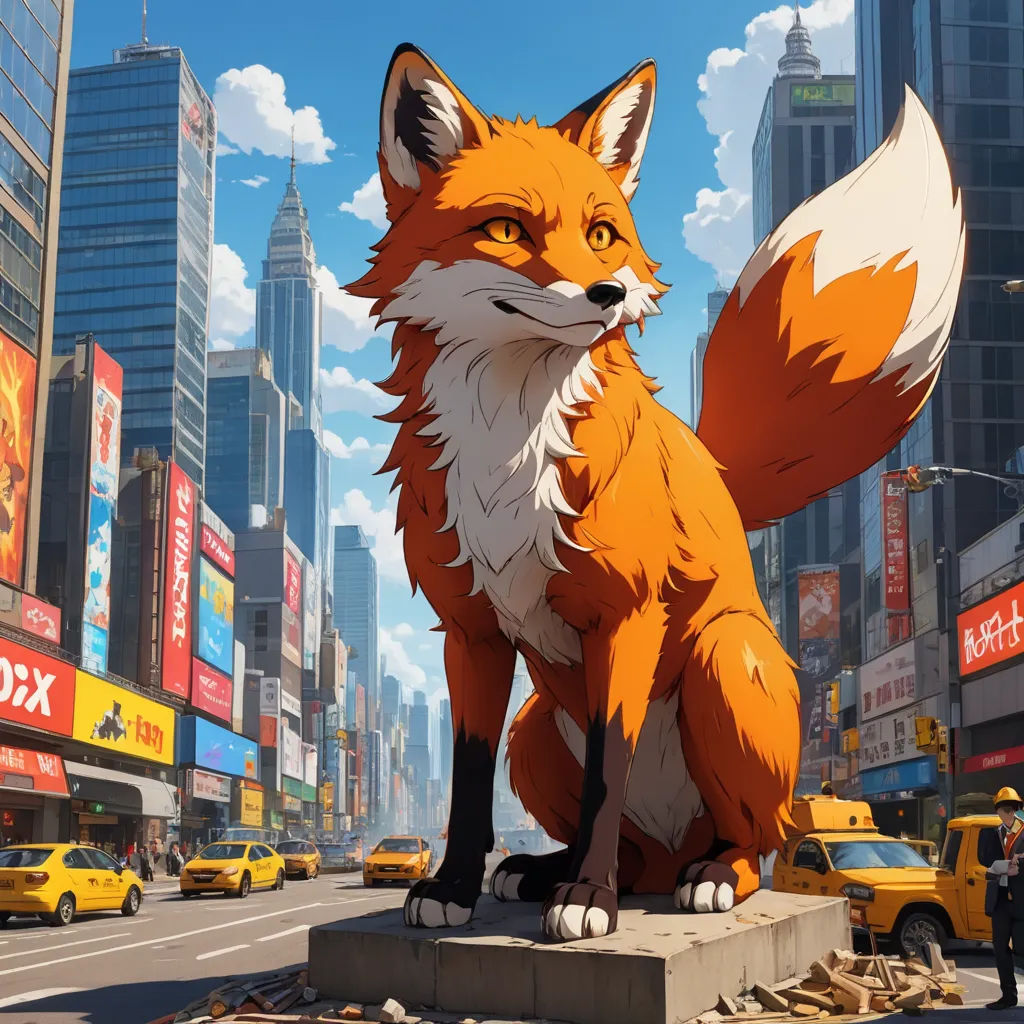 a fox statue in a city with tall buildings and a sky background with clouds and clouds in the sky, furry art, a digital painting, Chris LaBrooy, city background