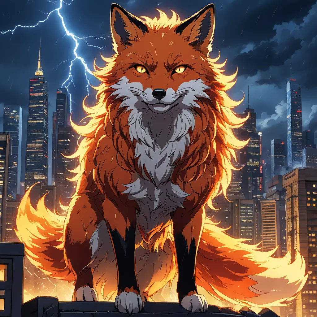 a fox sitting on a ledge in front of a city skyline with lightning in the background and a lightning bolt in the sky, furry art, a comic book panel, Dan Mumford, official art