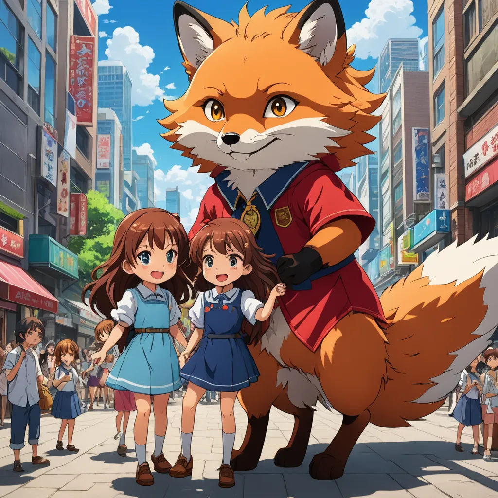 a fox and two girls standing in front of a crowd of people on a city street with buildings in the background, furry art, concept art, Bob Ross, official art