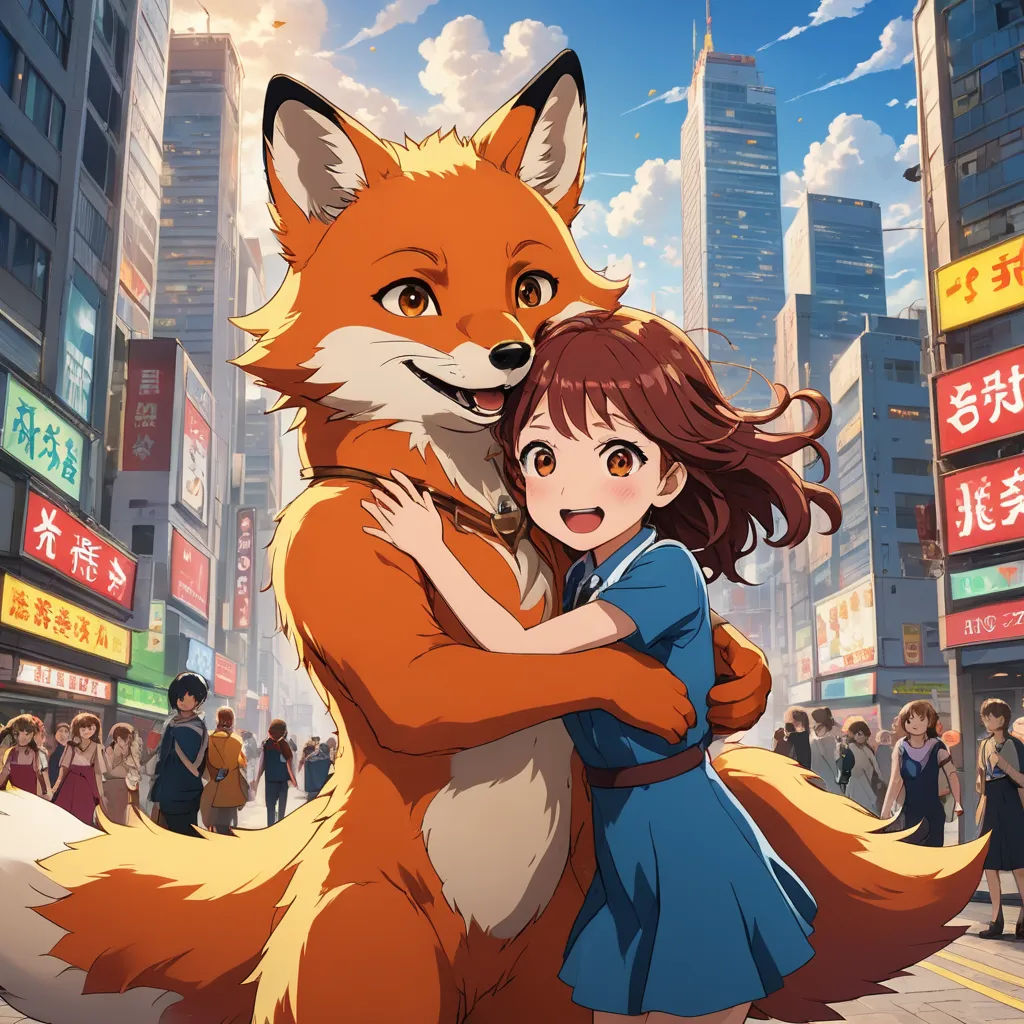 a girl hugging a fox in a city street with a crowd of people in the background, with a sky background, furry art, concept art, Ay-O, official art