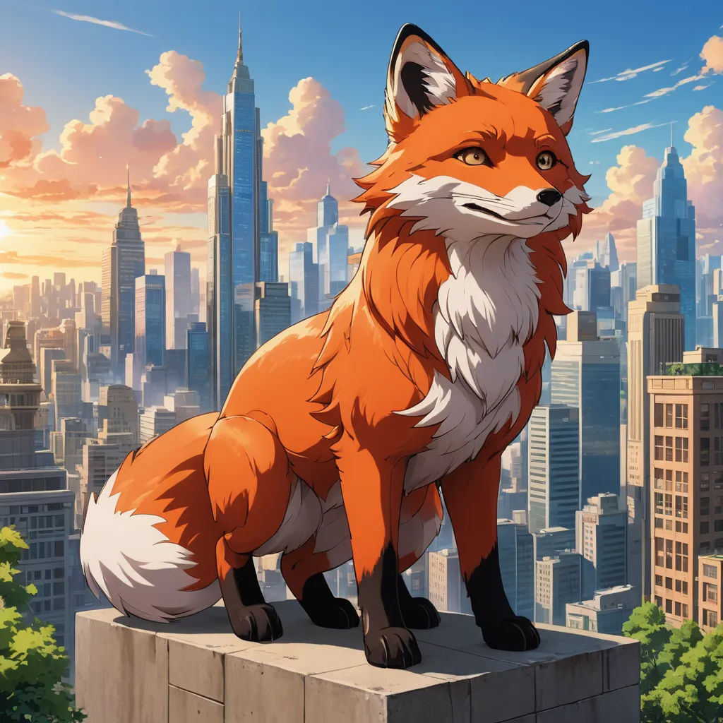 a fox sitting on top of a building with a city in the background and a sunset in the sky, furry art, a detailed matte painting, Cedric Seaut (Keos Masons), city background
