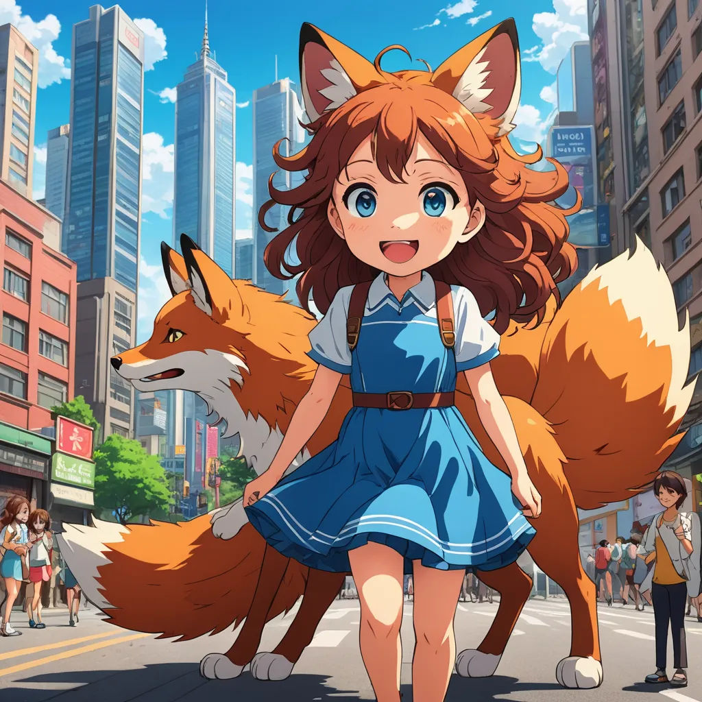 a girl in a blue dress is walking with a fox in the street in front of a cityscape, furry art, concept art, Chizuko Yoshida, official art