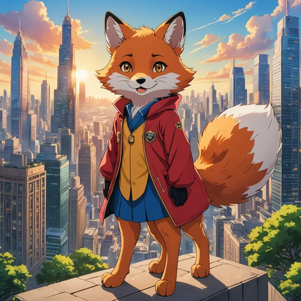 a fox in a red jacket standing on a ledge in front of a cityscape with skyscrapers, furry art, a character portrait, Chizuko Yoshida, official art