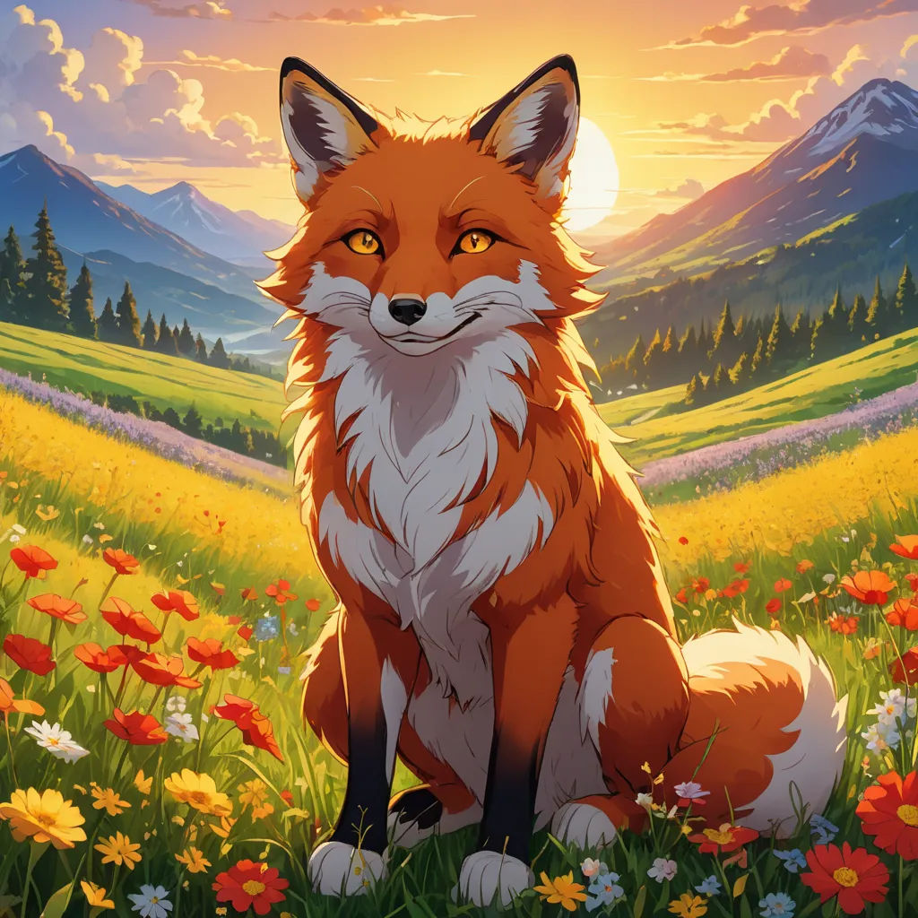 a fox sitting in a field of flowers with a sunset in the background and mountains in the distance,, furry art, a character portrait, Colin Middleton, official art