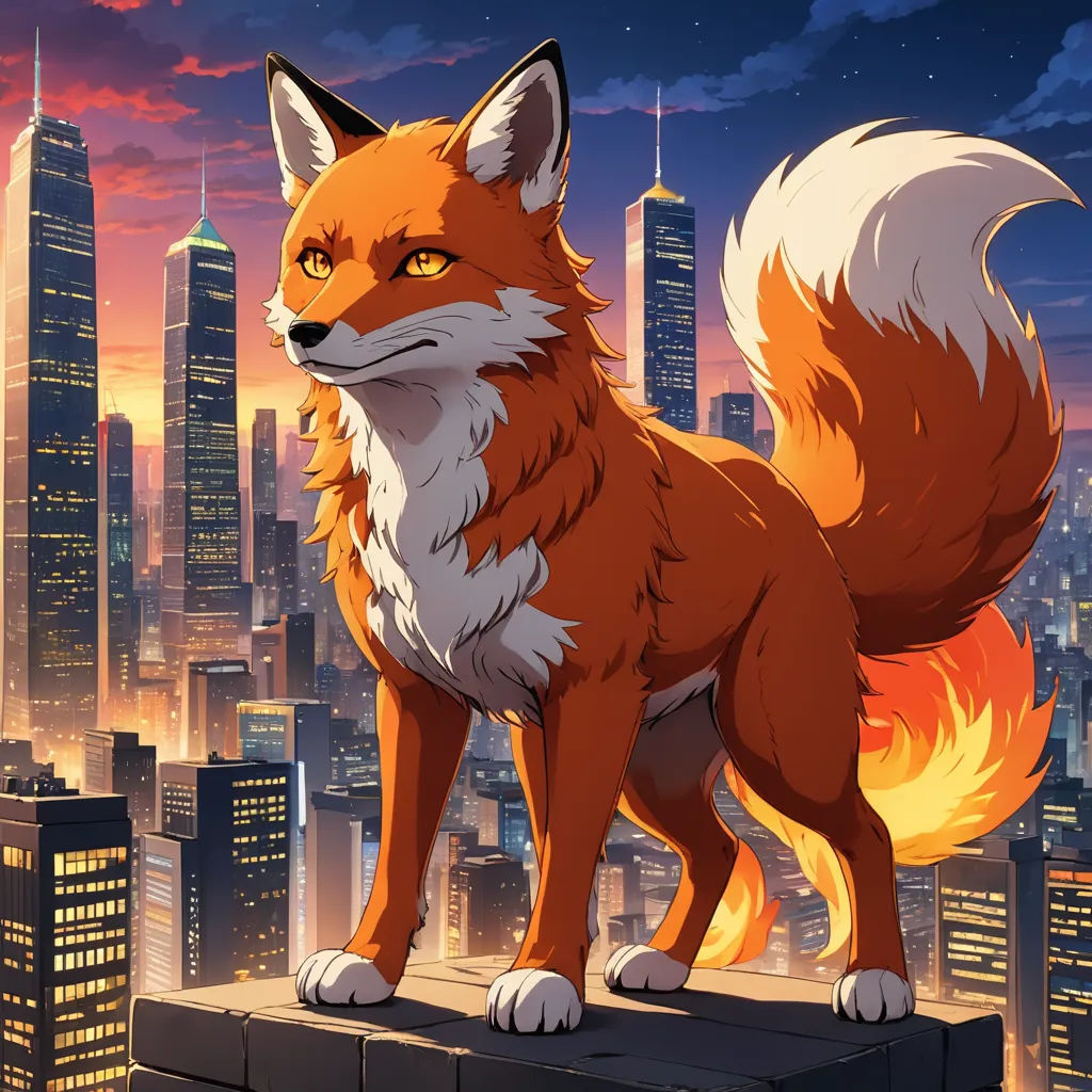 a fox standing on a ledge in front of a city skyline at night with the sun shining down on the buildings, furry art, poster art, Cyril Rolando, city background