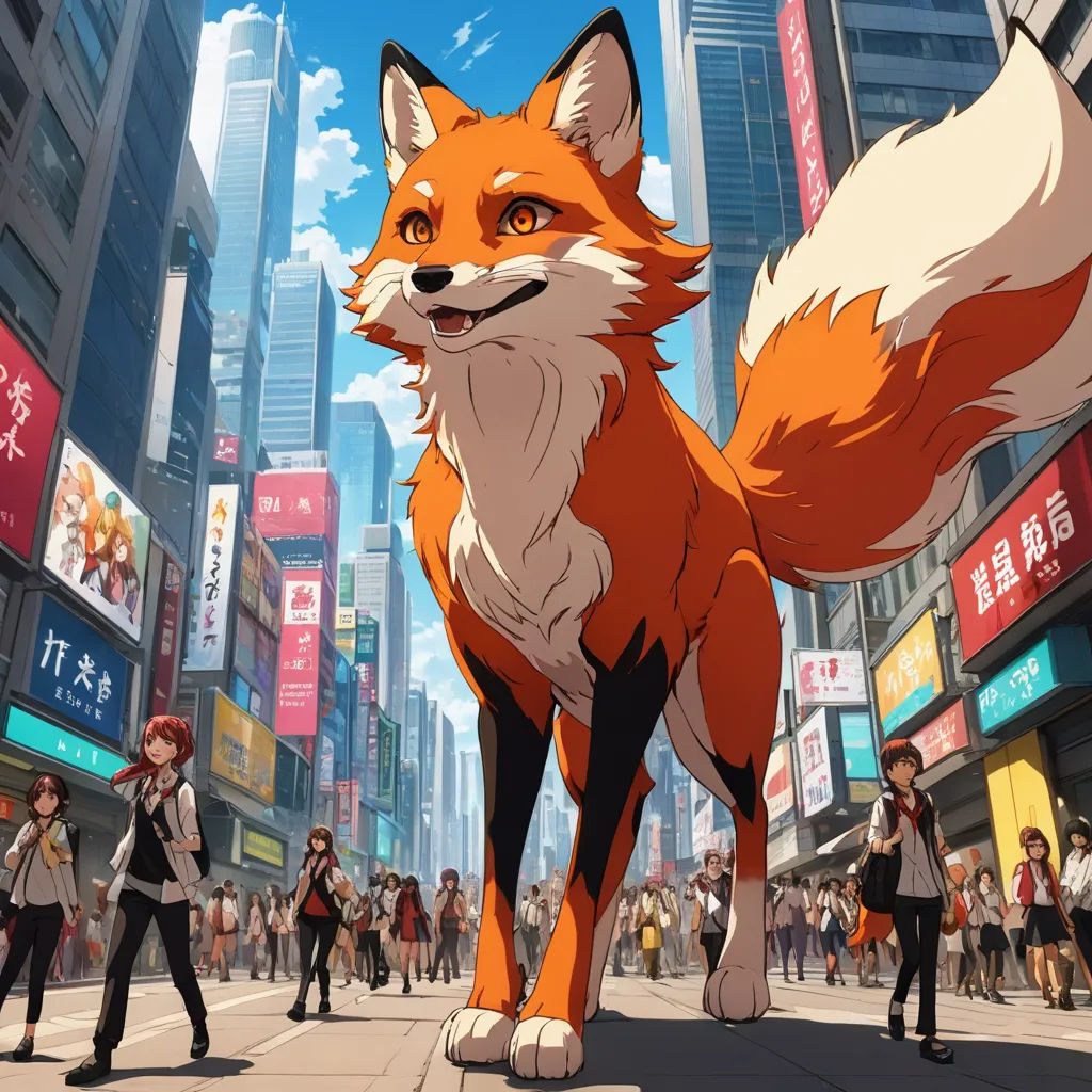 a fox standing in the middle of a city street with people walking around it and buildings in the background, furry art, concept art, Cedric Seaut (Keos Masons), official art
