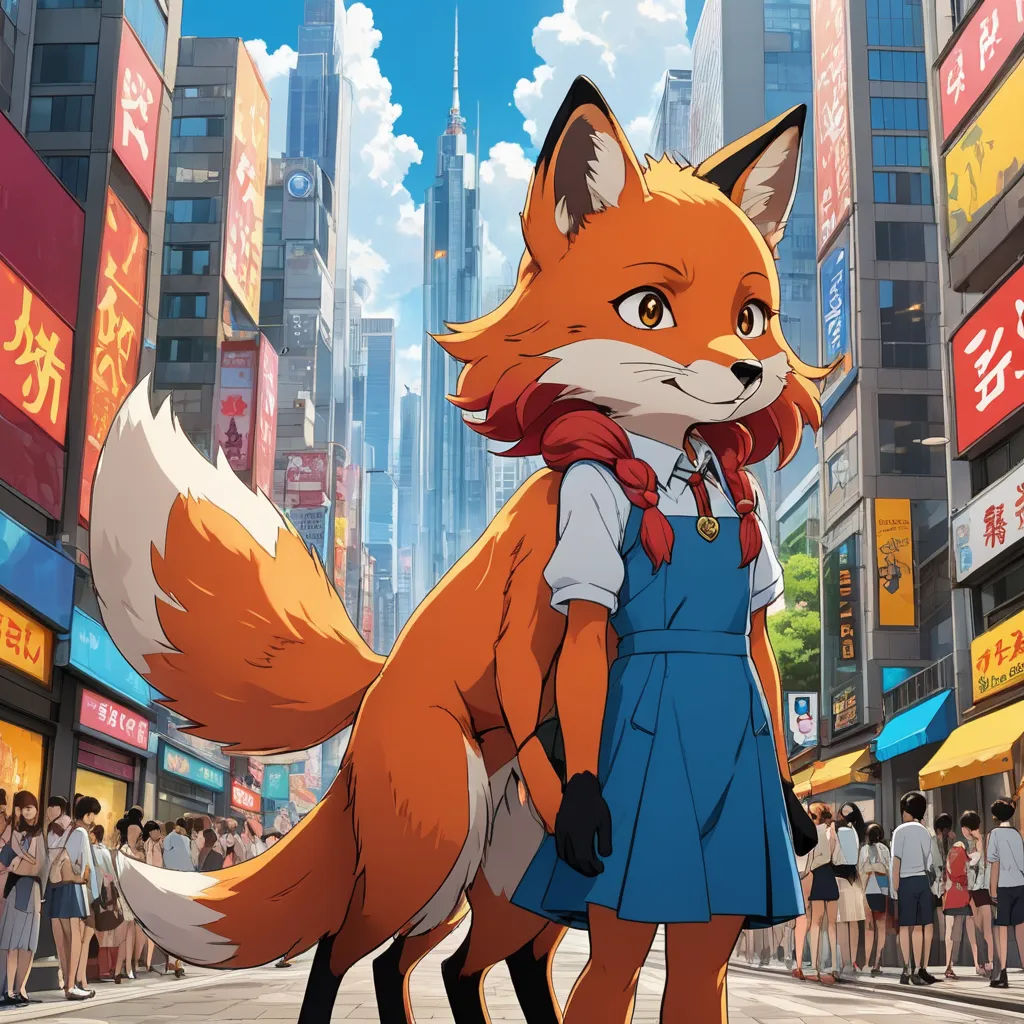 a fox in a city with people in the background and a woman in a blue dress and a red scarf, furry art, poster art, Chizuko Yoshida, official art