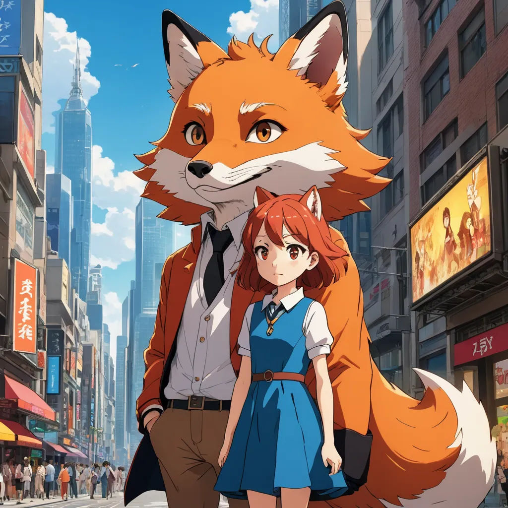 a fox and a girl are standing in the street in front of a cityscape with tall buildings, furry art, a poster, Cedric Seaut (Keos Masons), official art