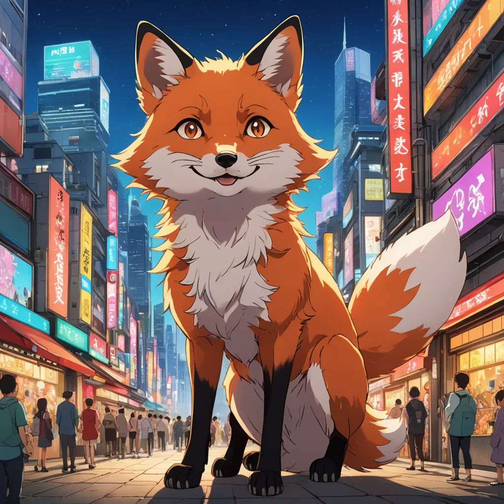 a fox sitting on a city street at night with people walking around it and buildings in the background with neon signs, furry art, concept art, Chris LaBrooy, official art
