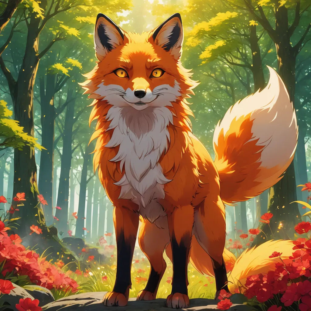 a fox standing in a forest with red flowers and trees in the background, with the sun shining through the trees, furry art, a fine art painting, Anato Finnstark, official art
