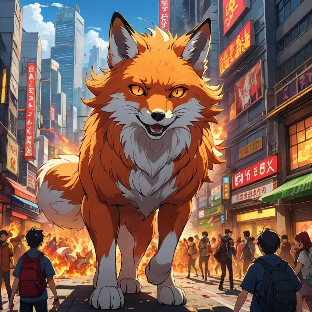 a fox standing on a city street with people walking around it and a fire in the background with buildings, furry art, concept art, Chris LaBrooy, official art