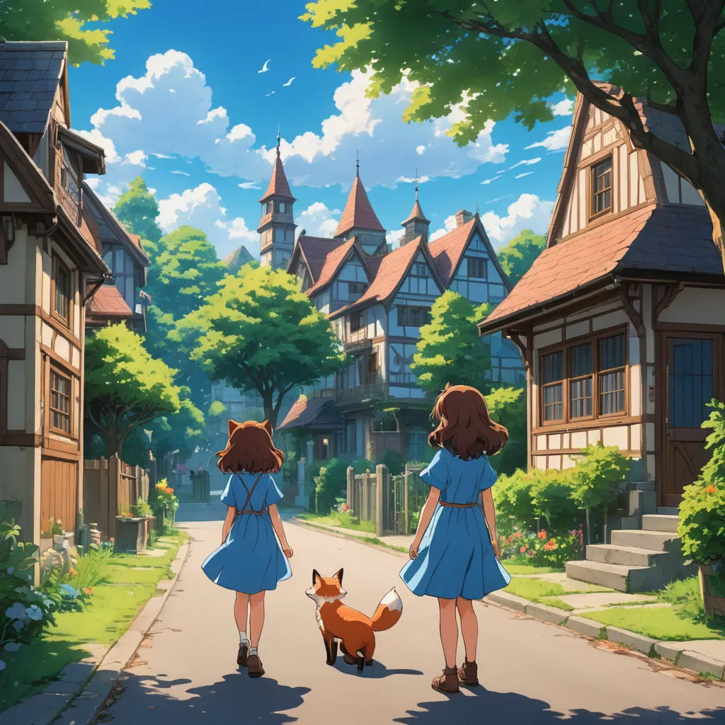 two girls walking down a street with a dog in front of them and a house in the background with a sky background, furry art, a detailed matte painting, Anne Said, official art