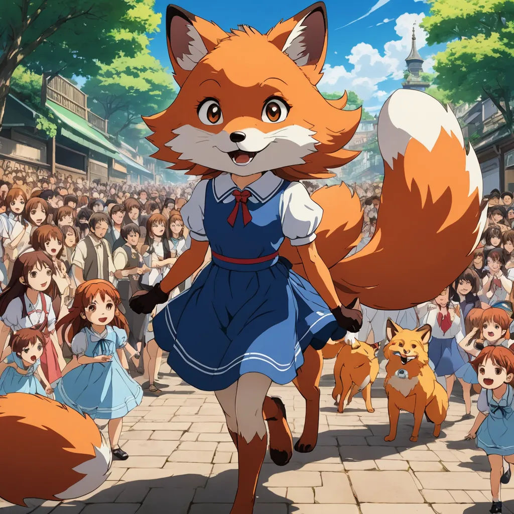 a fox is walking in front of a crowd of people in a cartoon style scene with a fox in the foreground, furry art, a poster, disney, official art
