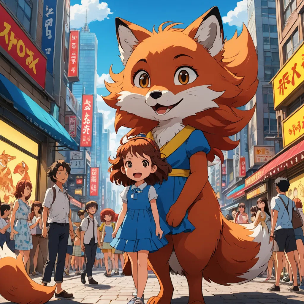 a fox and a girl are standing in the street in front of a crowd of people in a city, furry art, concept art, Chizuko Yoshida, official art