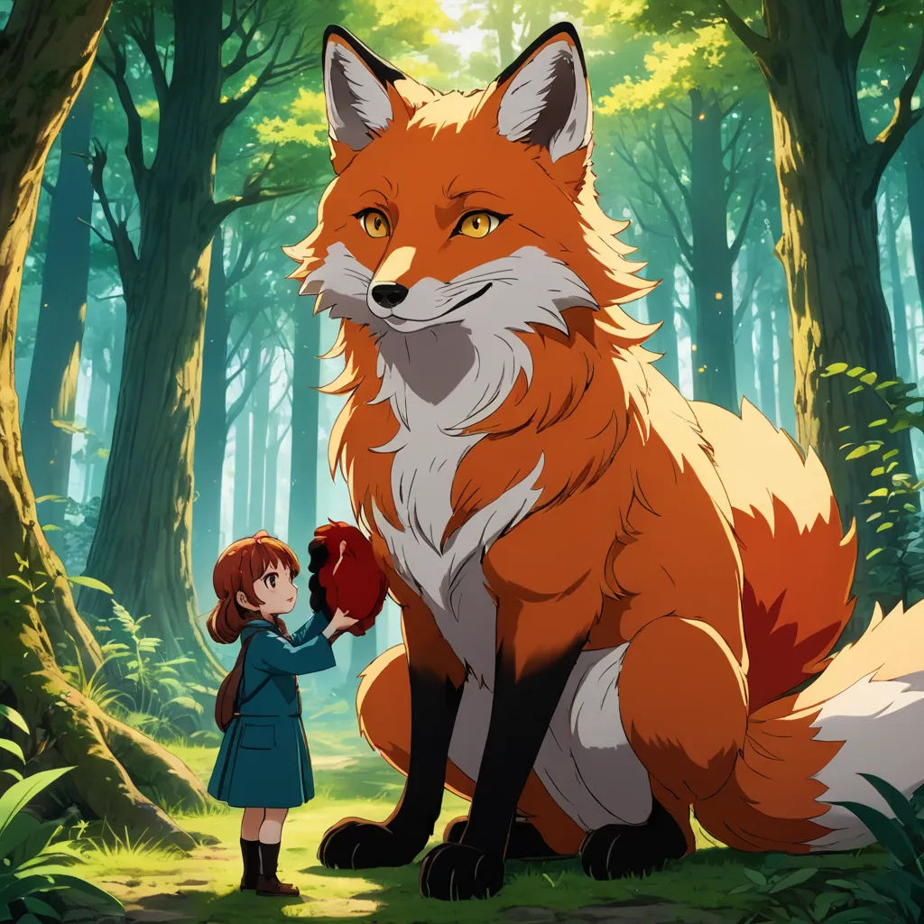 a girl standing next to a fox in a forest with trees and grass behind her, with a red fox in the foreground, furry art, a storybook illustration, Aaron Jasinski, official art