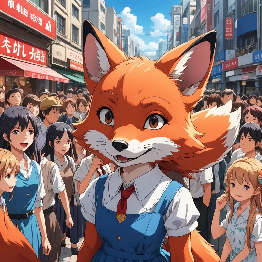 a fox is standing in front of a crowd of people in a city street with buildings and signs in the background, furry art, a detailed drawing, Chizuko Yoshida, official art