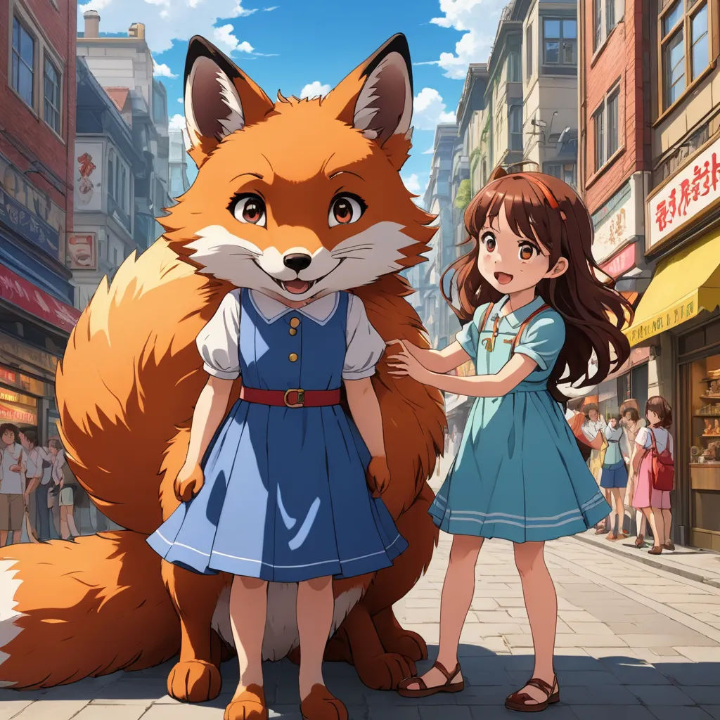 a girl and a fox standing on a street in front of a storefront with people walking by and a woman in a blue dress, furry art, concept art, Anne Said, official art