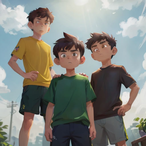 three boys standing next to each other in front of a blue sky with clouds and a sun behind them