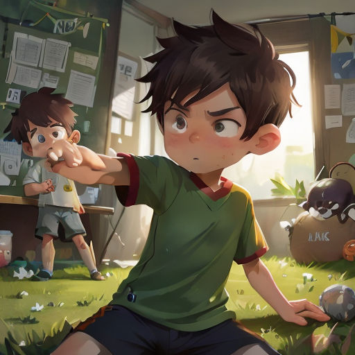 a boy in a green shirt holding a soccer ball in a room with other children in it and a window