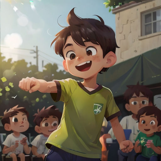 a boy in a green shirt pointing at something while others watch him from the street corner in front of him