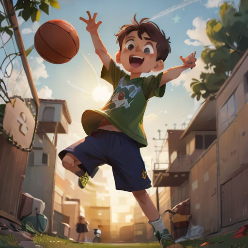 a boy is jumping up to catch a basketball in the air with his hands and feet in the air