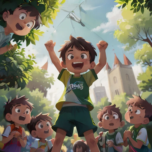 a boy is flying a kite in front of a group of kids in a park with trees and buildings