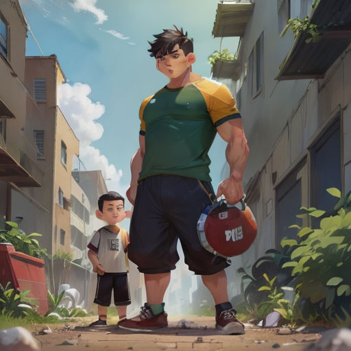 a man and a boy standing in a city street with a football helmet on their hands and a ball in his hand