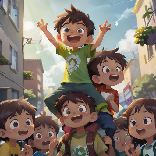 a group of children standing in front of a building with their arms in the air and one child on top of the other