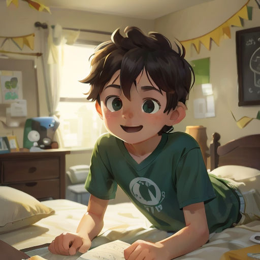 a boy laying on a bed with a book in his hand and a clock in the background with a green shirt on