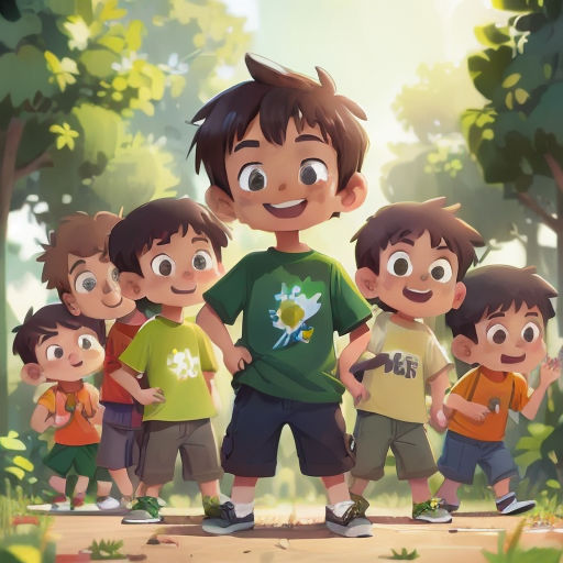 a boy standing in front of a group of children in a forest with trees and grass behind him, with a green shirt on