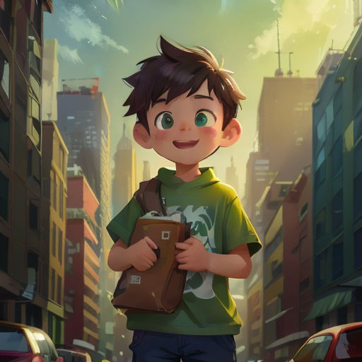 a boy is standing in the middle of a city street holding a book and a backpack in his hands