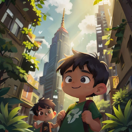 a boy and a girl are standing in the middle of a city with tall buildings and trees in the background