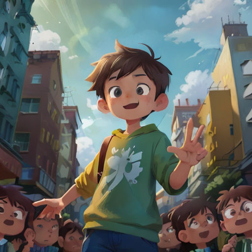 a boy is standing in front of a crowd of people in a cartoon style, with his hand up