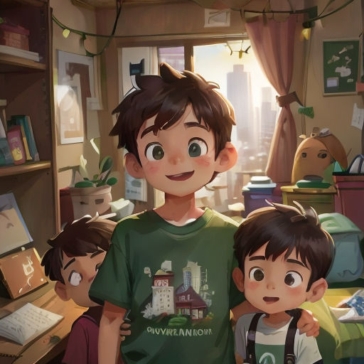 a boy and a boy standing in a room with a desk and a book shelf in the background and a boy in the foreground