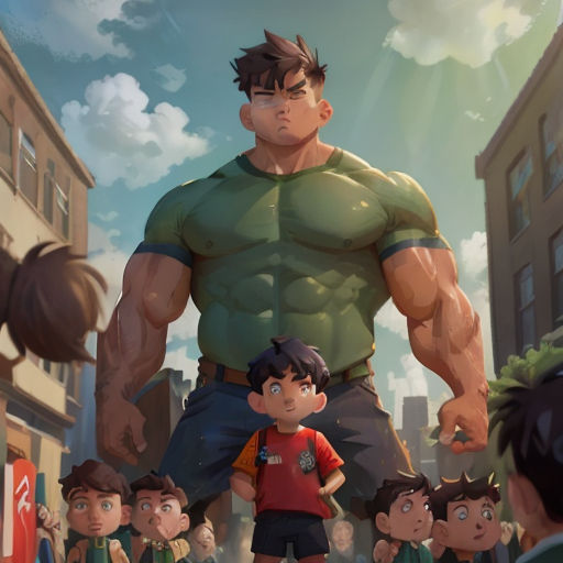 a man standing in front of a group of children in a city street with a giant hulk in the background